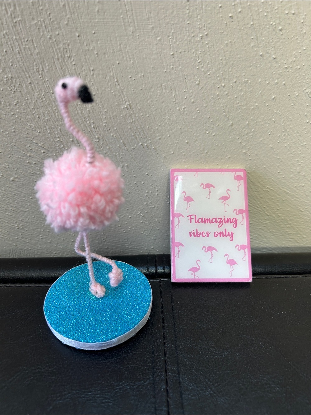 Handmade Pink Pom-Pom
Flamingo Figurine with Turquoise Sparkle Base & magnet